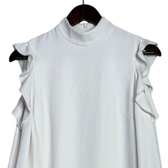 Wai Ming Dunn Cold Shoulder Ruffle Long Sleeve Shift Mini Dress Pockets 4 White - Picture 3 of 15